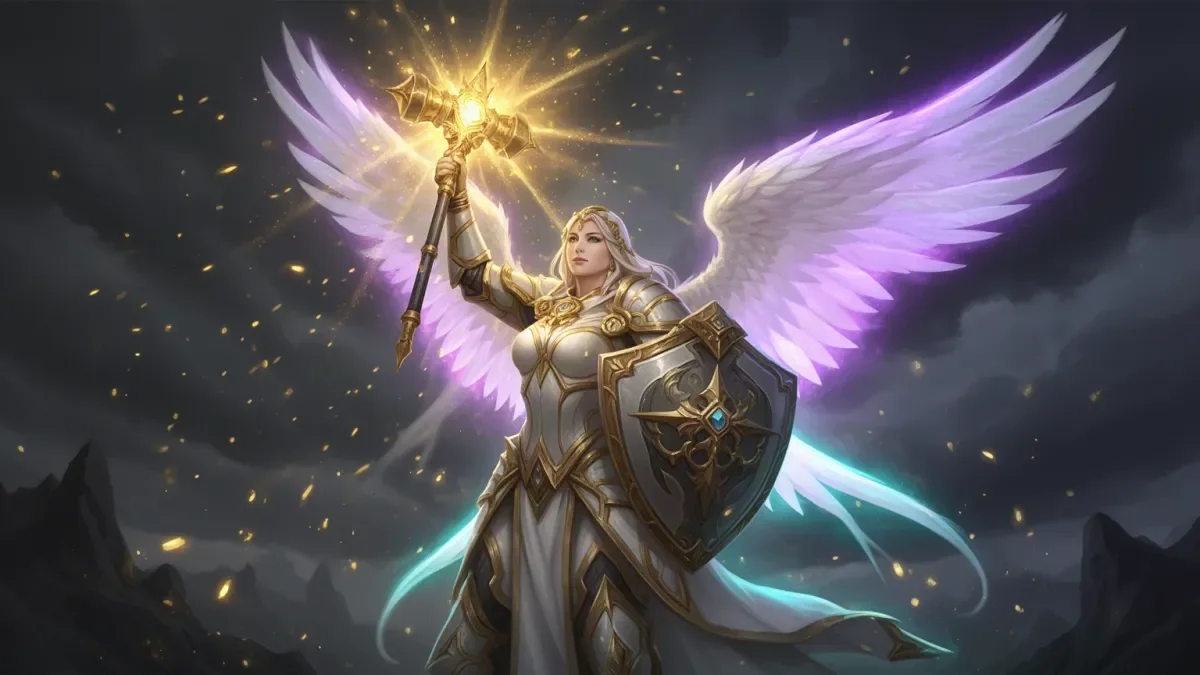 AION 2 Cleric build illustration: healer raising a holy mace and shield