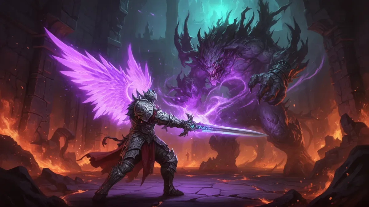 AION 2 Gladiator PvE illustration: armored greatsword Daeva blocking a giant monster in a fiery dungeon