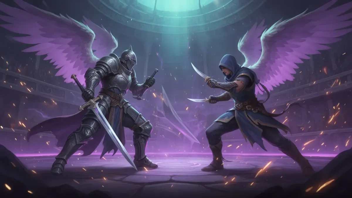 AION 2 Gladiator PvP illustration: greatsword knight and dagger rogue in an arena standoff
