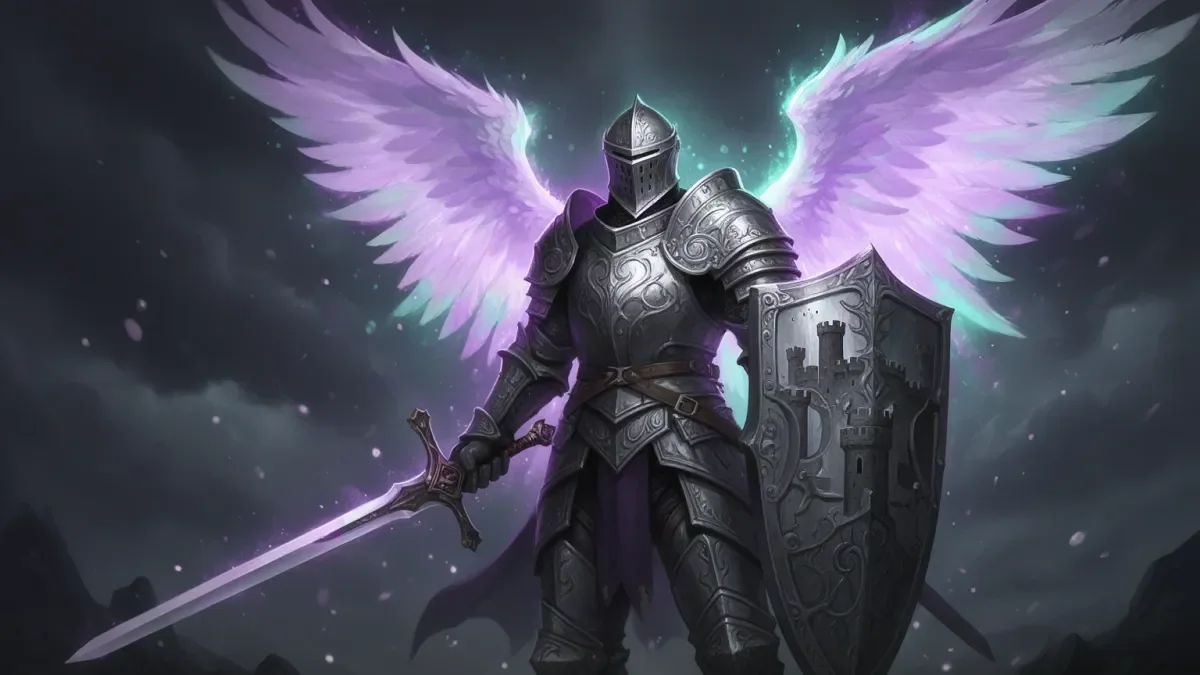 AION 2 Templar build illustration: winged knight with longsword and tower shield